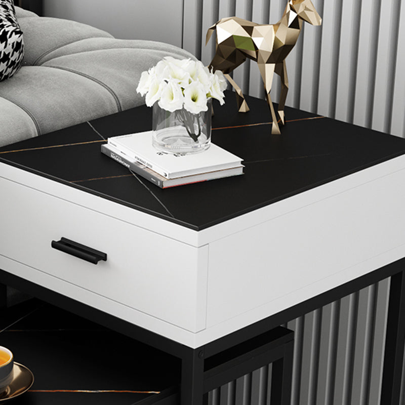 Contemporary Living Room Sofa Side Table Stone Top End Table with Drawer and Shelf