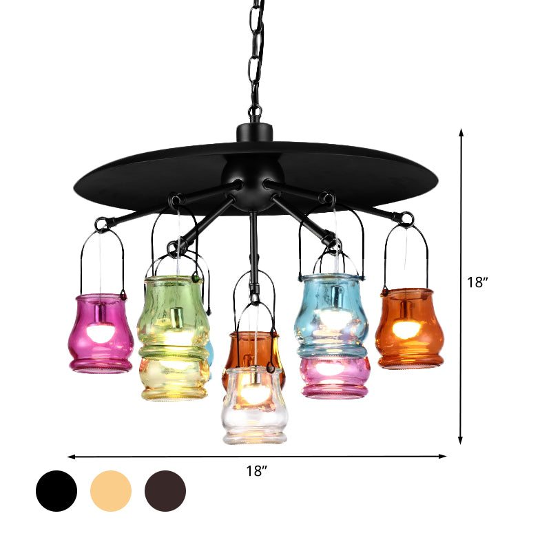 Industrial Can Pendant Lighting 10 Heads Arc Colorful Glass Chandelier Lamp Fixture in Black/Rust/Gold with Flat Metal Top
