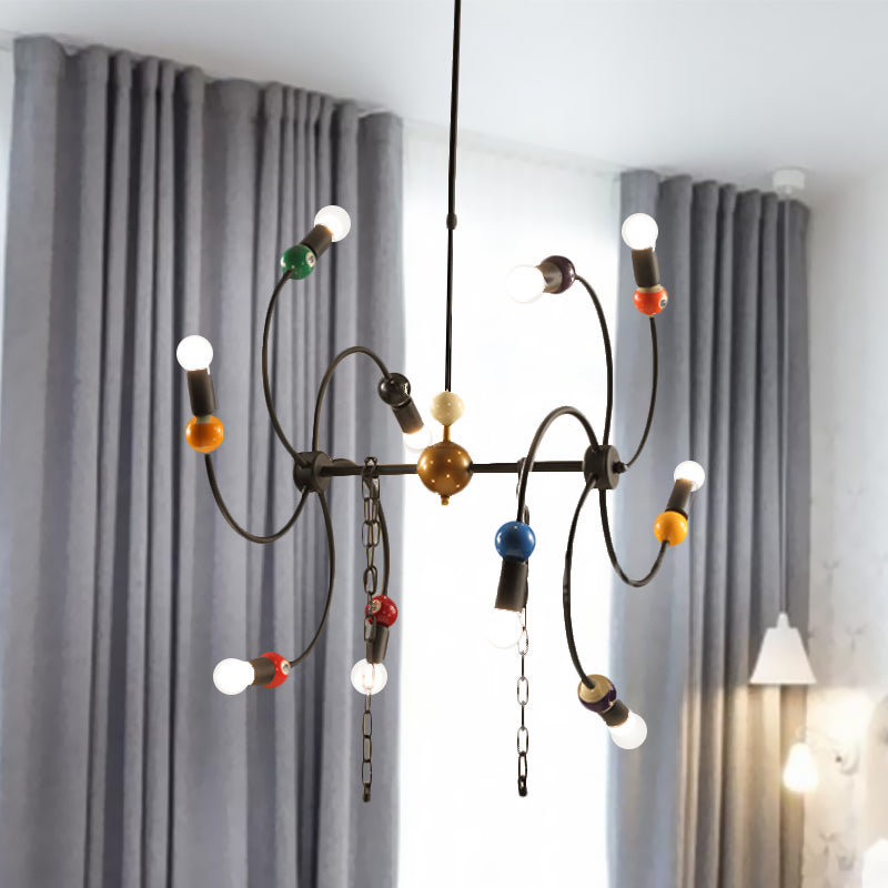 Windmill Iron Hanging Light Kit Industrial 10-Light Restaurant Chandelier in Black with Billiard Deco and Chain
