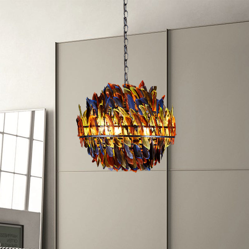 IJzeren blauw plafond kroonluchter Globe Cage 4-Light industriële suspensielamp met veelkleurige veer deco