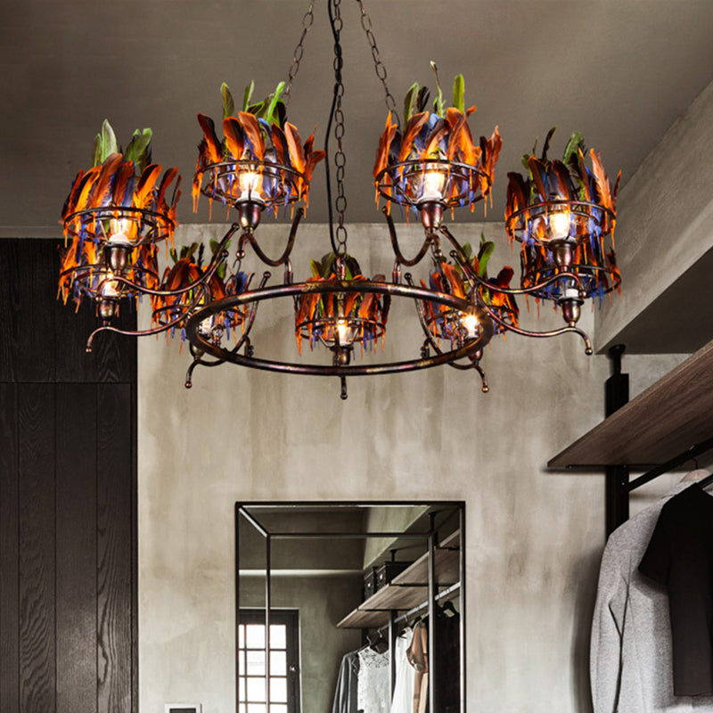 Roest 9 lichten kroonluchter lichtbeveiliging industrieel ijzerronde hangende plafondlamp met roodblauwe groene veren deco