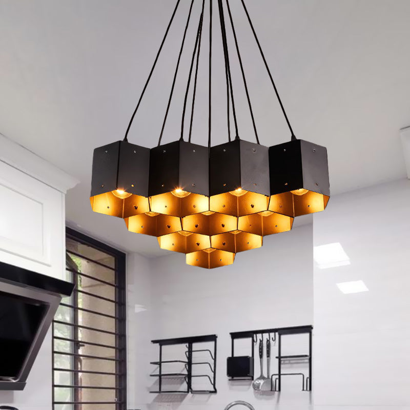 Hexagon Restaurant Pendant Chandelier Vintage Metal 7/10/11 Lights Black Down Lighting with Honeycomb Design