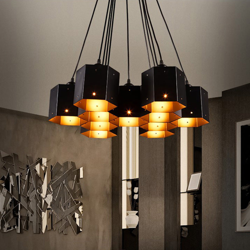 Hexagon Restaurant Pendant Chandelier Vintage Metal 7/10/11 Lights Black Down Lighting with Honeycomb Design