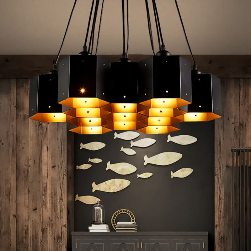 Hexagon Restaurant Pendant Chandelier Vintage Metal 7/10/11 Lights Black Down Lighting with Honeycomb Design