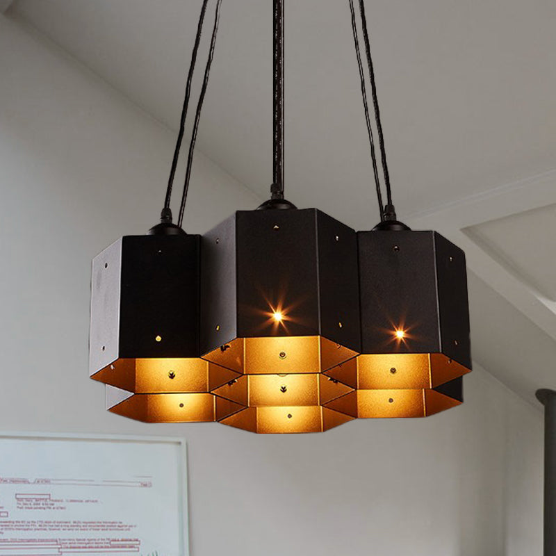 Hexagon Restaurant Pendant Chandelier Vintage Metal 7/10/11 Lights Black Down Lighting with Honeycomb Design