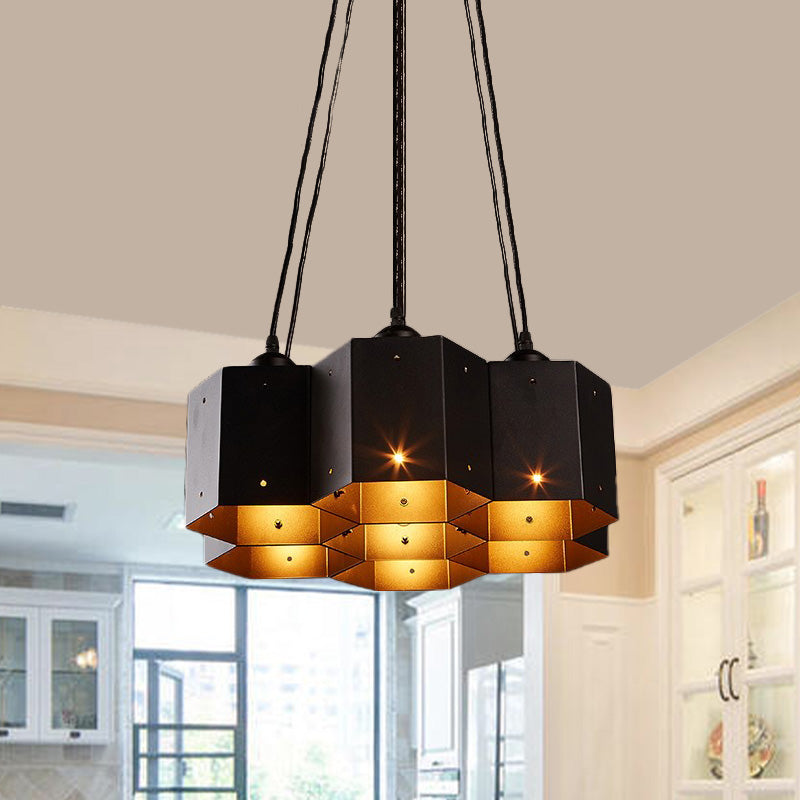 Hexagon Restaurant Pendant Chandelier Vintage Metal 7/10/11 Lights Black Down Lighting with Honeycomb Design