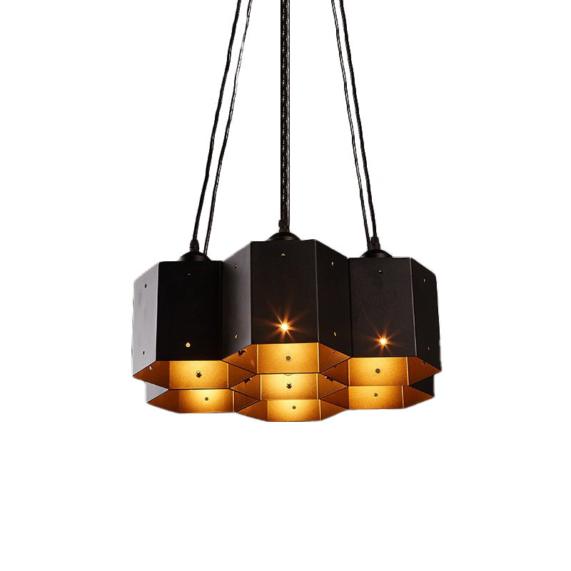 Hexagon Restaurant Pendant Chandelier Vintage Metal 7/10/11 Lights Black Down Lighting with Honeycomb Design