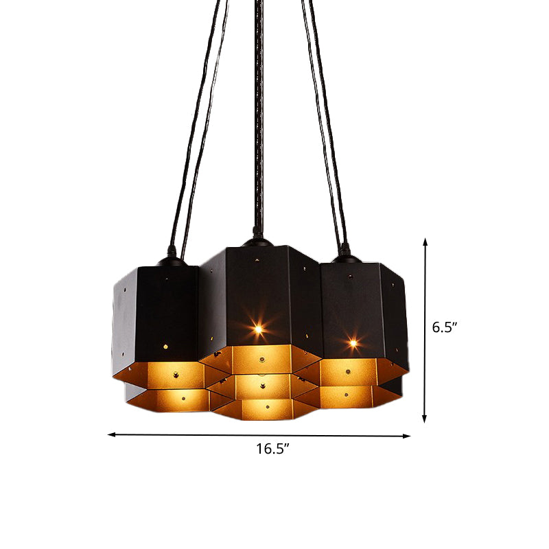 Hexagon Restaurant Pendant Chandelier Vintage Metal 7/10/11 Lights Black Down Lighting with Honeycomb Design