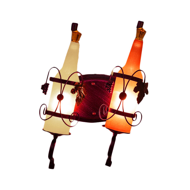 Art Deco Bottle Wall Mount Lighting 2 Bulbs Yellow/Yellow and Green/Red and White Glass Wall Sconce Lamp in Copper with Wine Rack Backplate