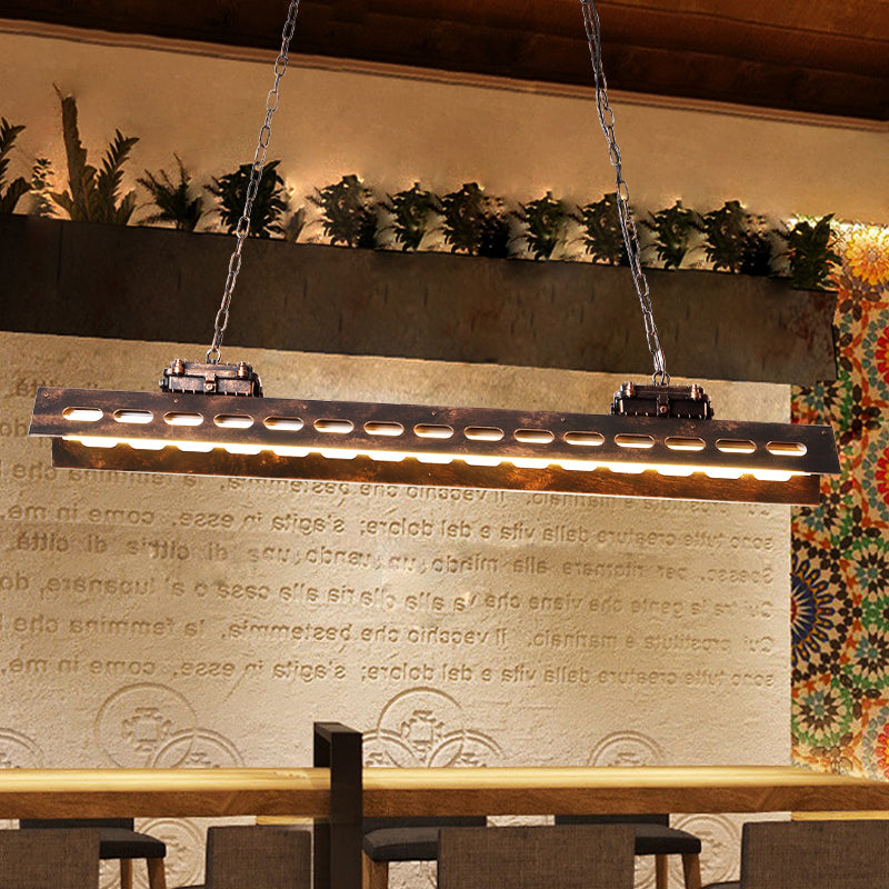 Rectangle Restaurant Island Lighting Antiqued Iron 2 Bulbs Rust Finish Ceiling Hang Fixture