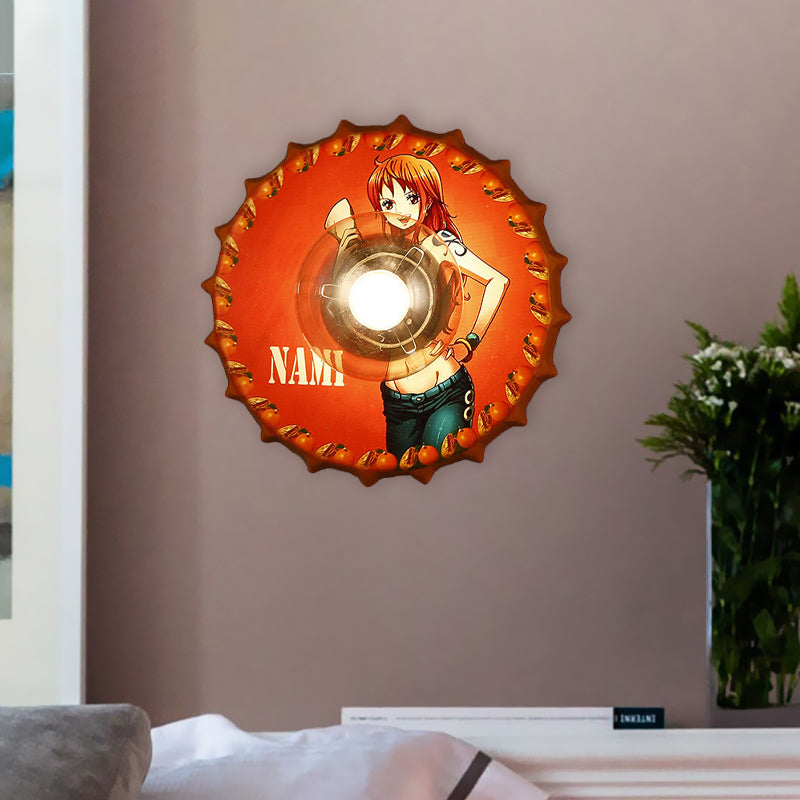 Metal Bottle Cap Sconce Lighting Vintage 1-Light Corridor Wall Mount Lamp Fixture in Red/Black/Blue with Princess Pattern