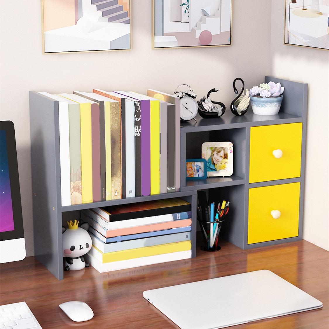 Modern Engineered Wood Bookcase, Geometric Bookshelf for Any Room,14" H X 7" W