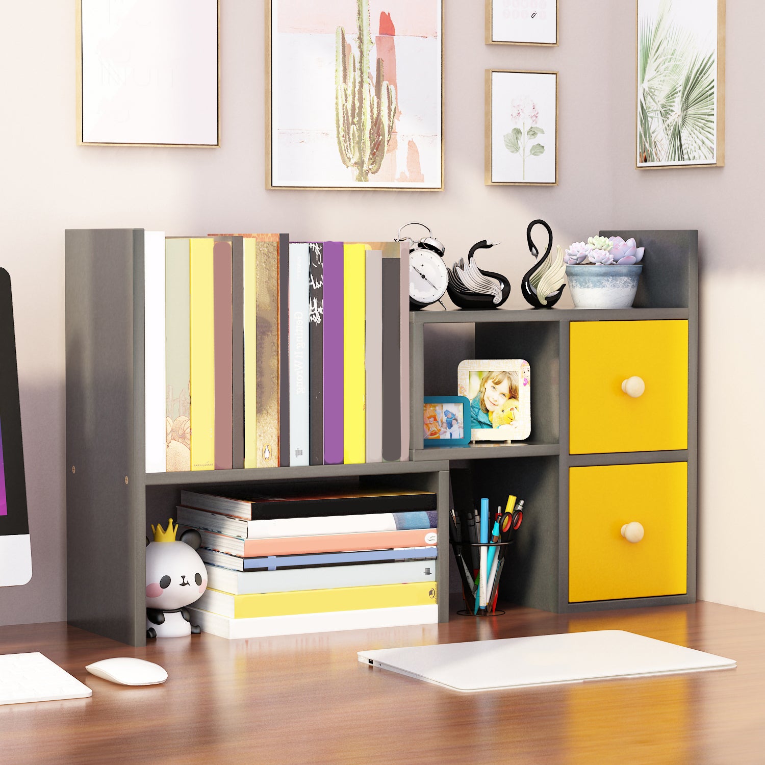 Modern Engineered Wood Bookcase, Geometric Bookshelf for Any Room,14" H X 7" W