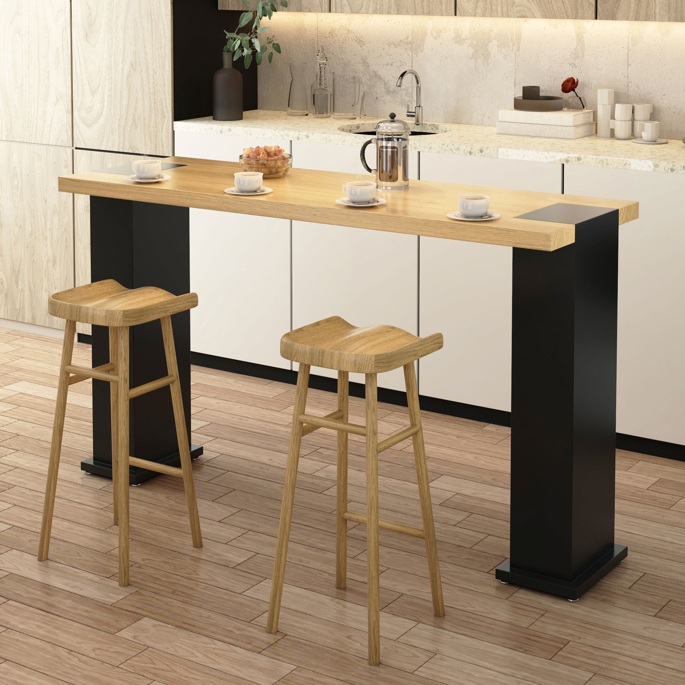 Modern 1/2/3/5 Pieces Bar Table Set Rectangle Pine Wood Counter Table with High Stools