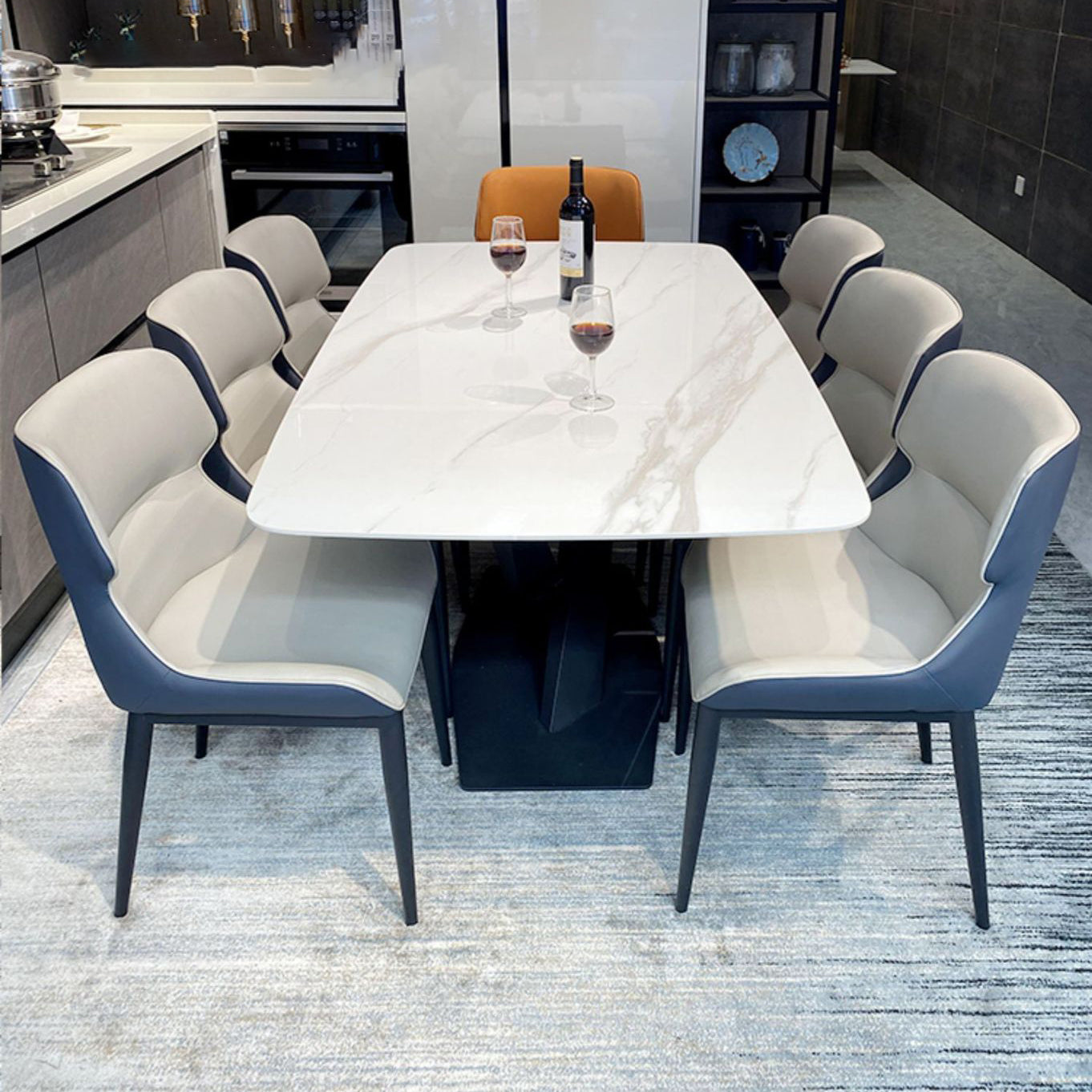 Rectangle Modern Stone Table Standard Height Dining Table with Pedestal Base