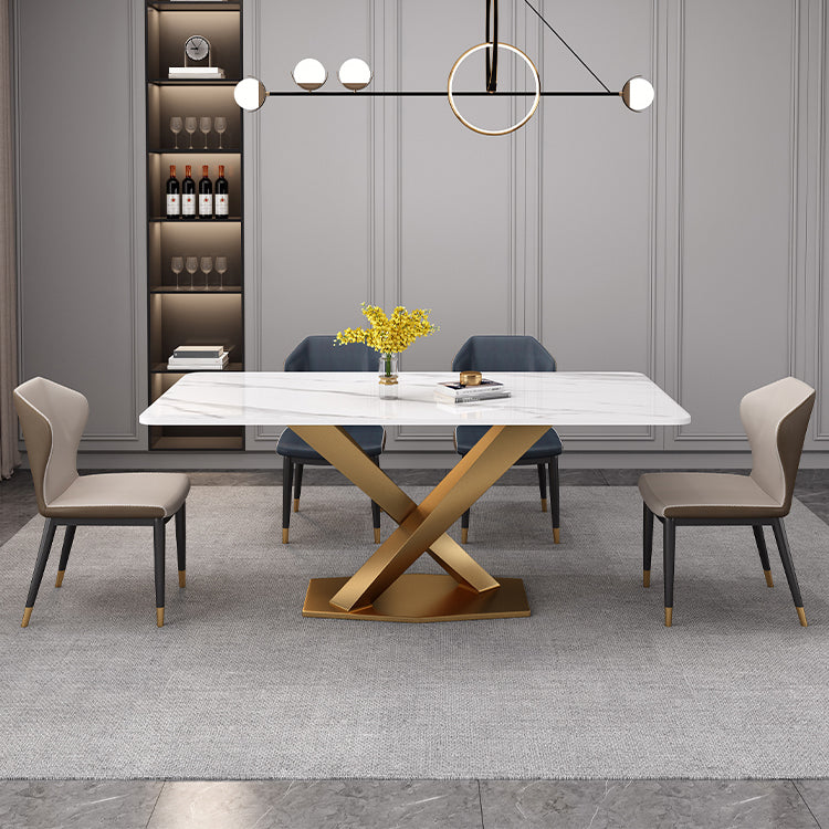 Luxury Sintered Stone Top Dining Table Rectangle Table with Single Pedestal in Gold