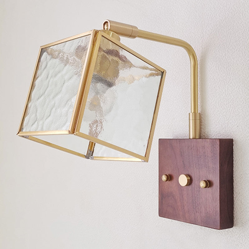 Modern Wood Wall Sconce Geometric Shape Wall Light with Glass Shade for Bedroom