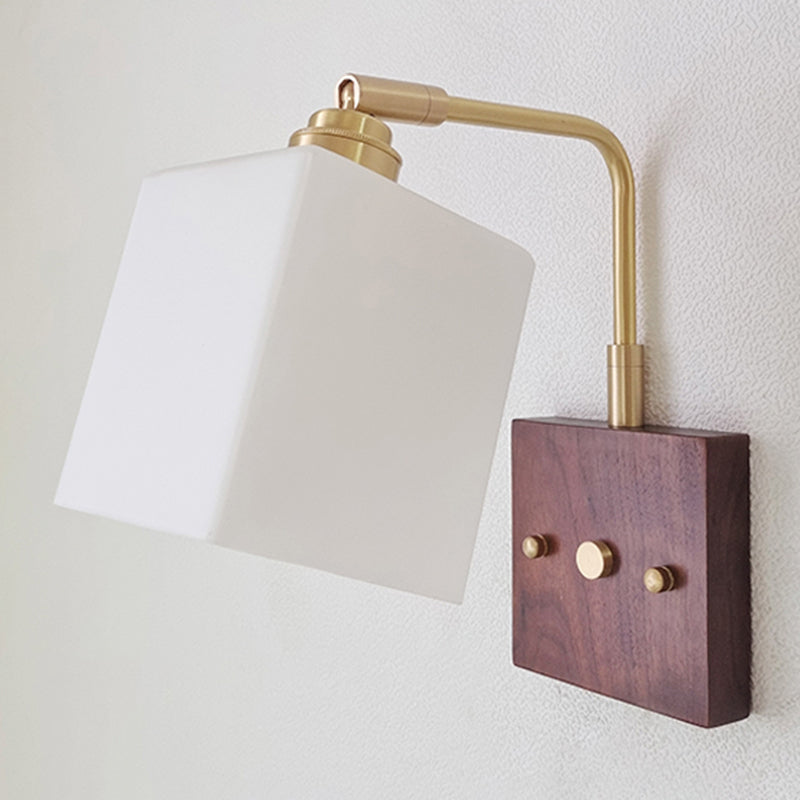 Modern Wood Wall Sconce Geometric Shape Wall Light with Glass Shade for Bedroom