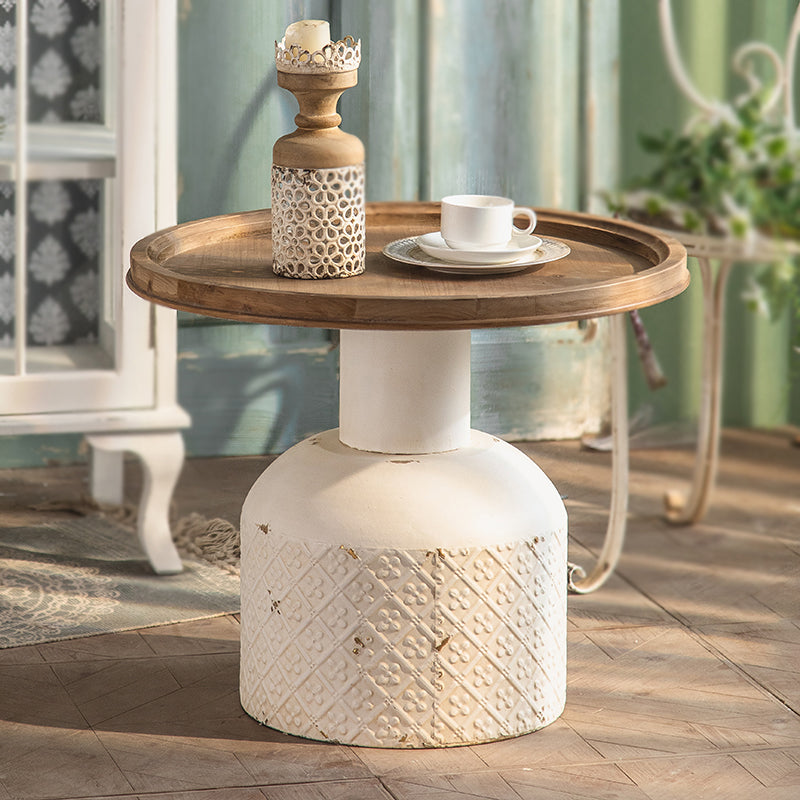 Rustic Iron Pedestal Round Wood Top Coffee Table - Distressed Surface Treatment