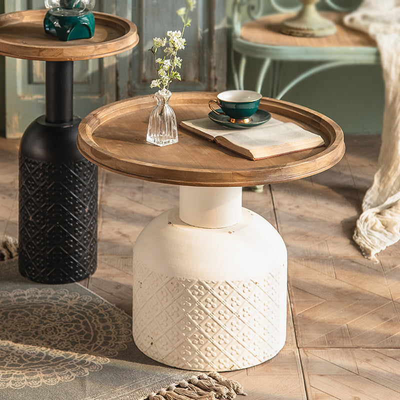 Rustic Iron Pedestal Round Wood Top Coffee Table - Distressed Surface Treatment