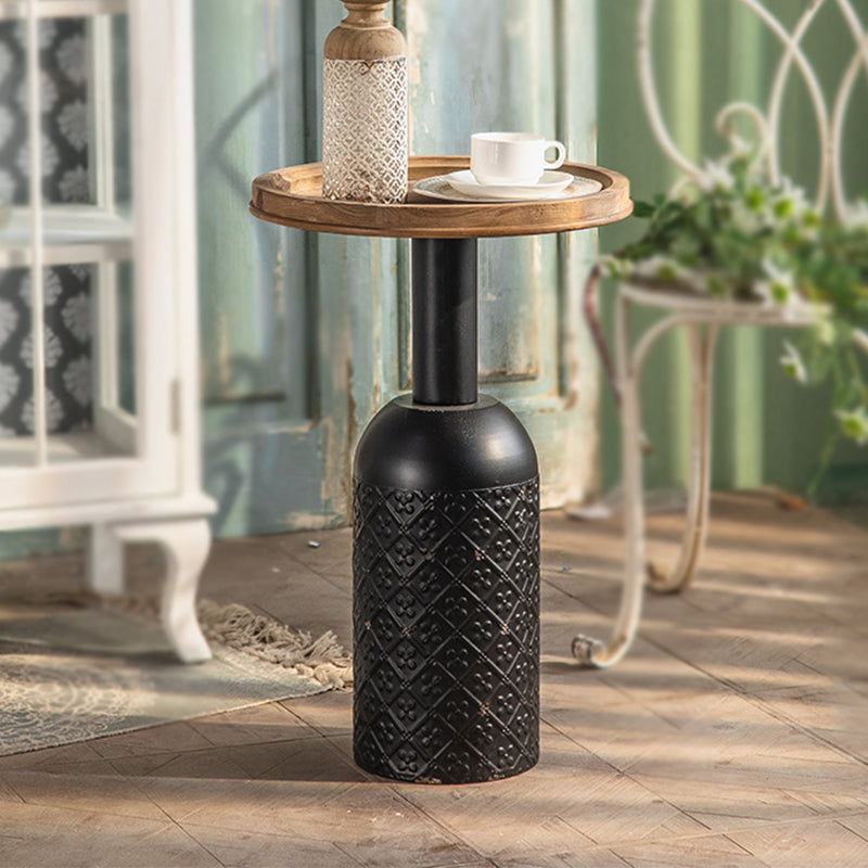 Rustic Iron Pedestal Round Wood Top Coffee Table - Distressed Surface Treatment