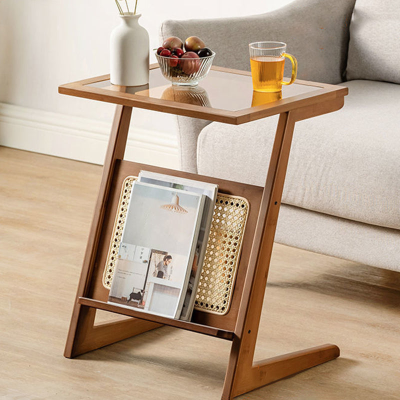 22.8" Tall Rectangular Glass Side Table Solid Wood Abstract End Table with Storage