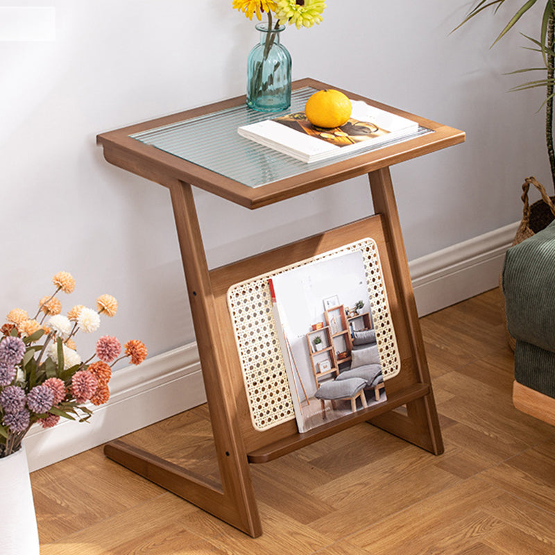 22.8" Tall Rectangular Glass Side Table Solid Wood Abstract End Table with Storage