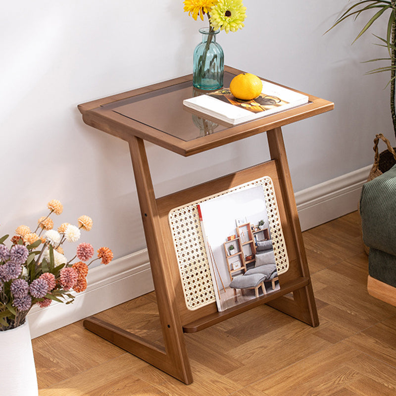 22.8" Tall Rectangular Glass Side Table Solid Wood Abstract End Table with Storage