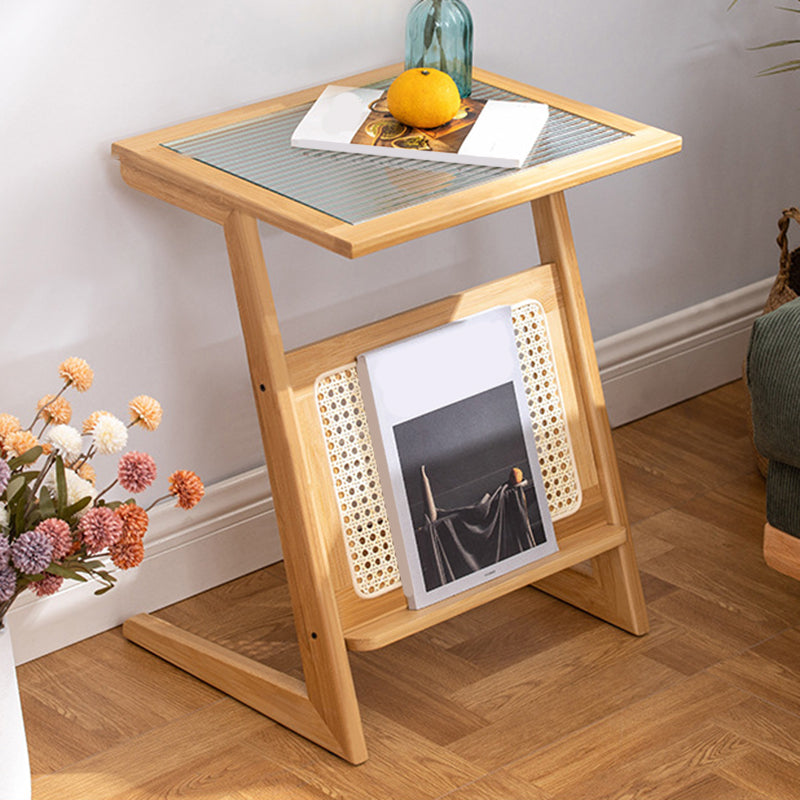 22.8" Tall Rectangular Glass Side Table Solid Wood Abstract End Table with Storage