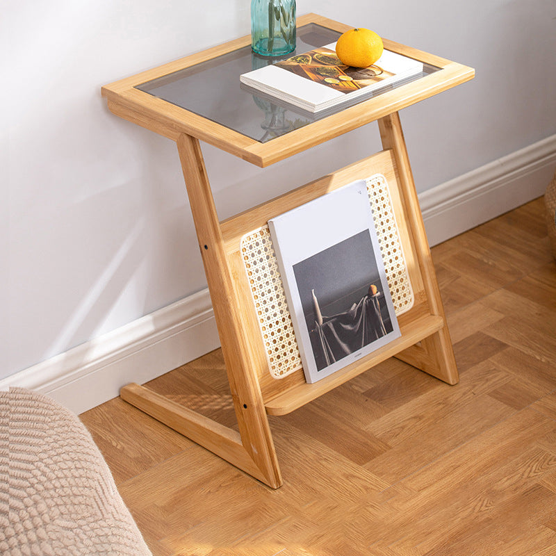 22.8" Tall Rectangular Glass Side Table Solid Wood Abstract End Table with Storage