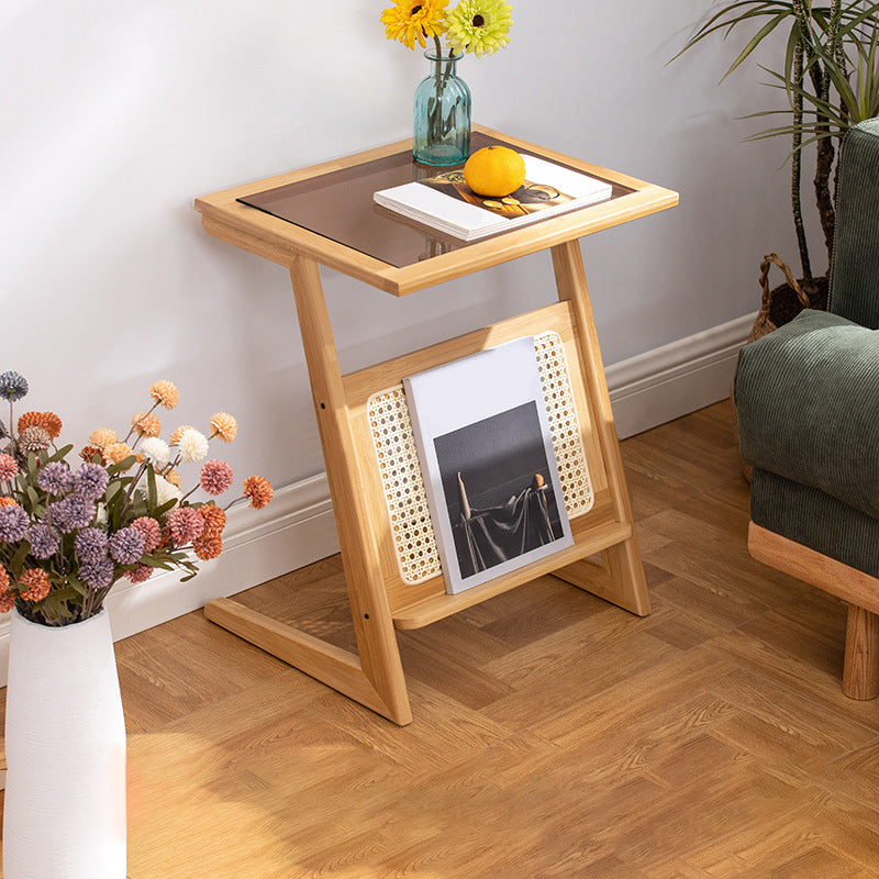22.8" Tall Rectangular Glass Side Table Solid Wood Abstract End Table with Storage