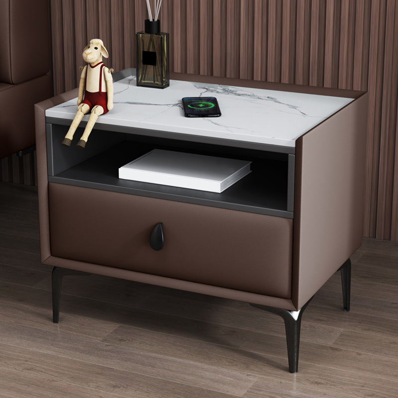 Modern Leather 4 Legs Nightstand Stone Top Night Table with Drawer