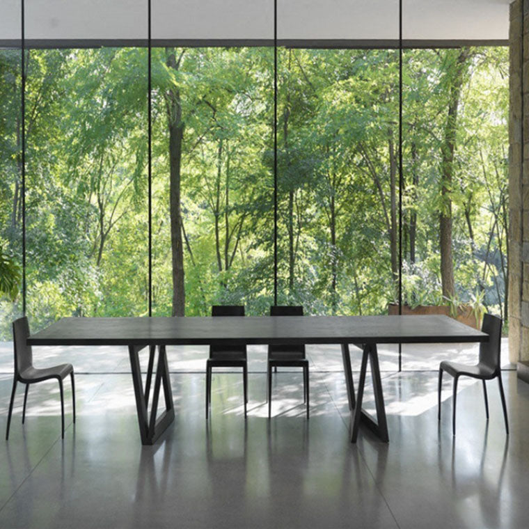 Modern Black Rectangle Dining Table Solid Wood Top Iron Base Table