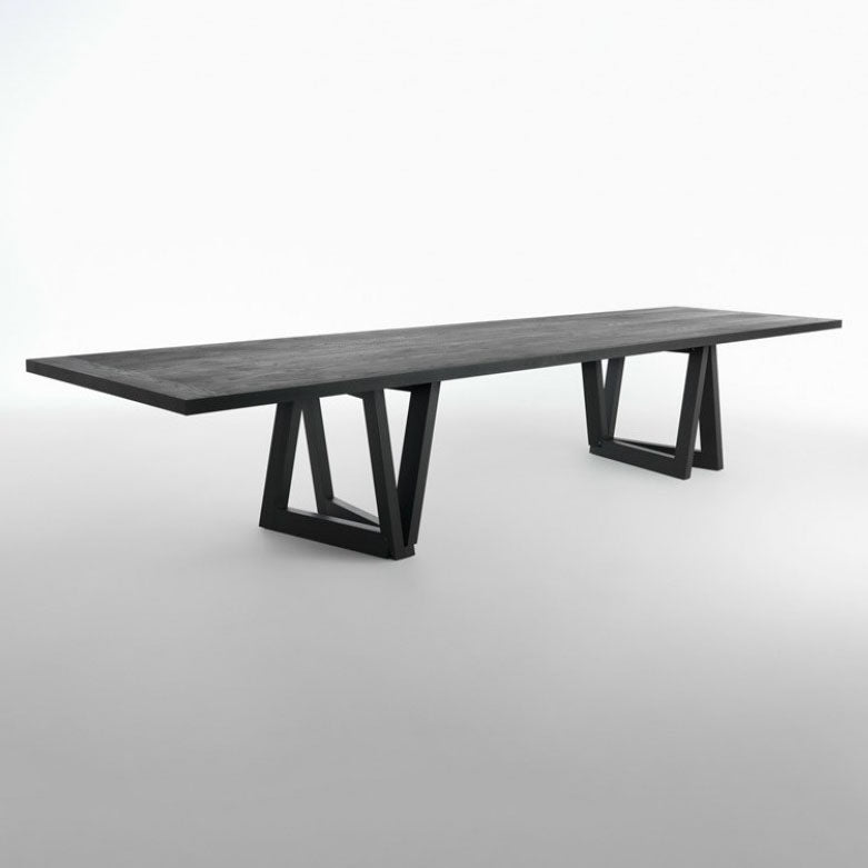 Modern Black Rectangle Dining Table Solid Wood Top Iron Base Table