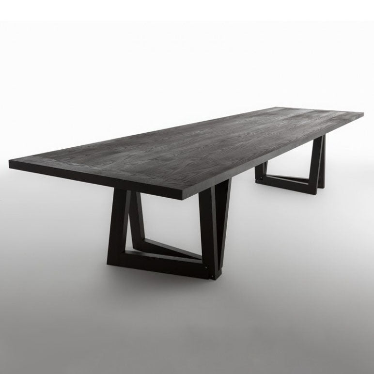 Modern Black Rectangle Dining Table Solid Wood Top Iron Base Table