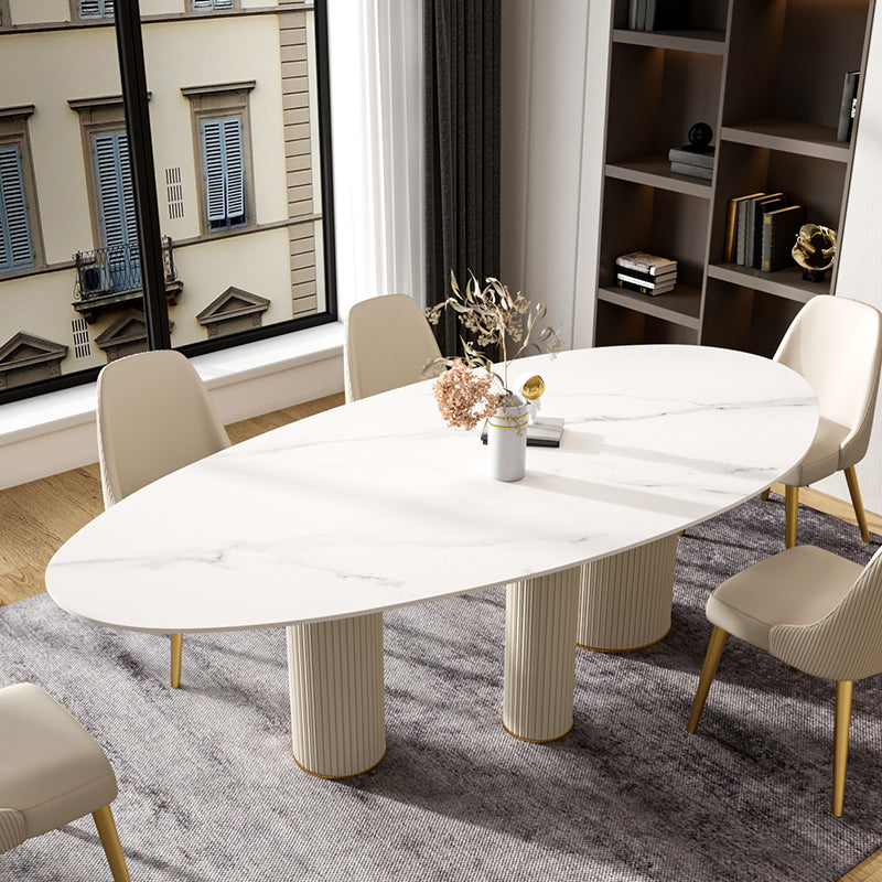 Luxury Oval Dining Table Sintered Stone Top White Metal Base Table