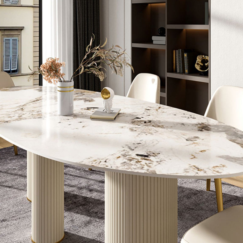 Luxury Oval Dining Table Sintered Stone Top White Metal Base Table