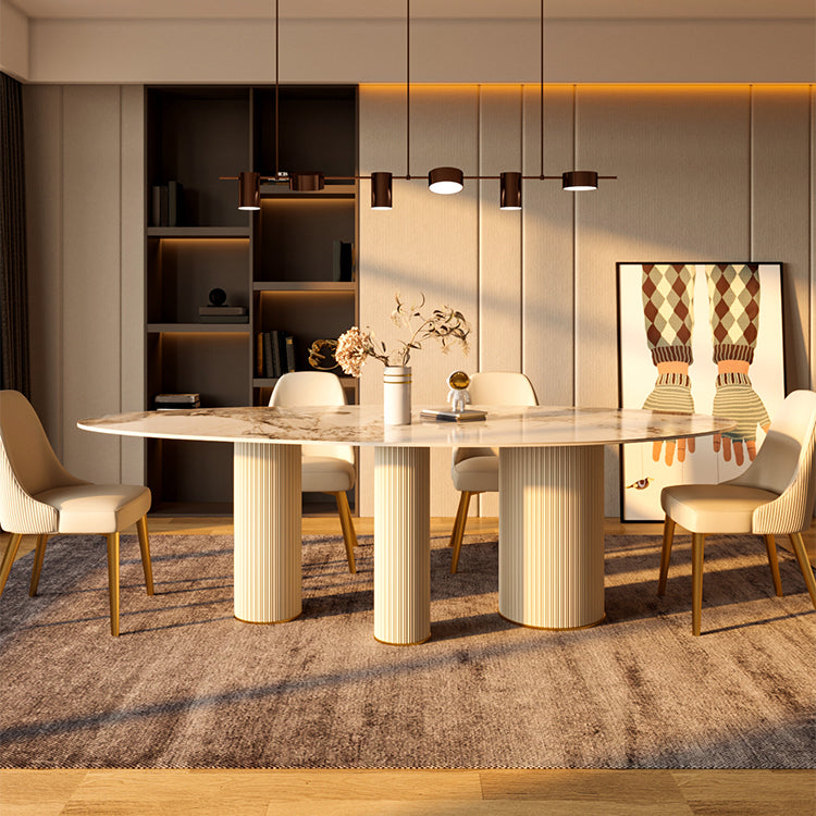 Luxury Oval Dining Table Sintered Stone Top White Metal Base Table