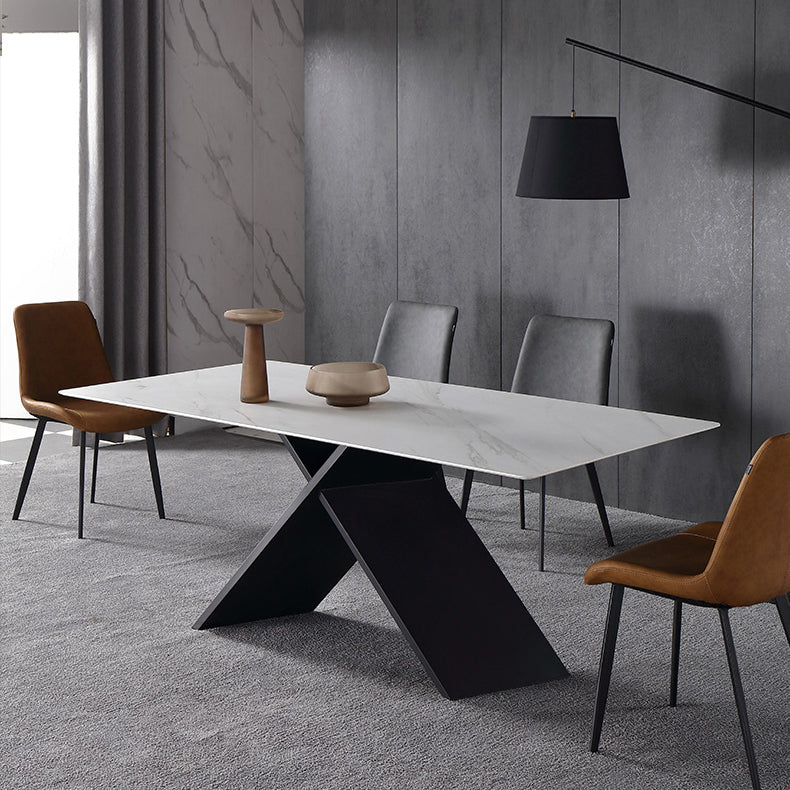 Black Frame Pedestal Casual Dining Table Modern Rectangle Dining Table with Stone Top