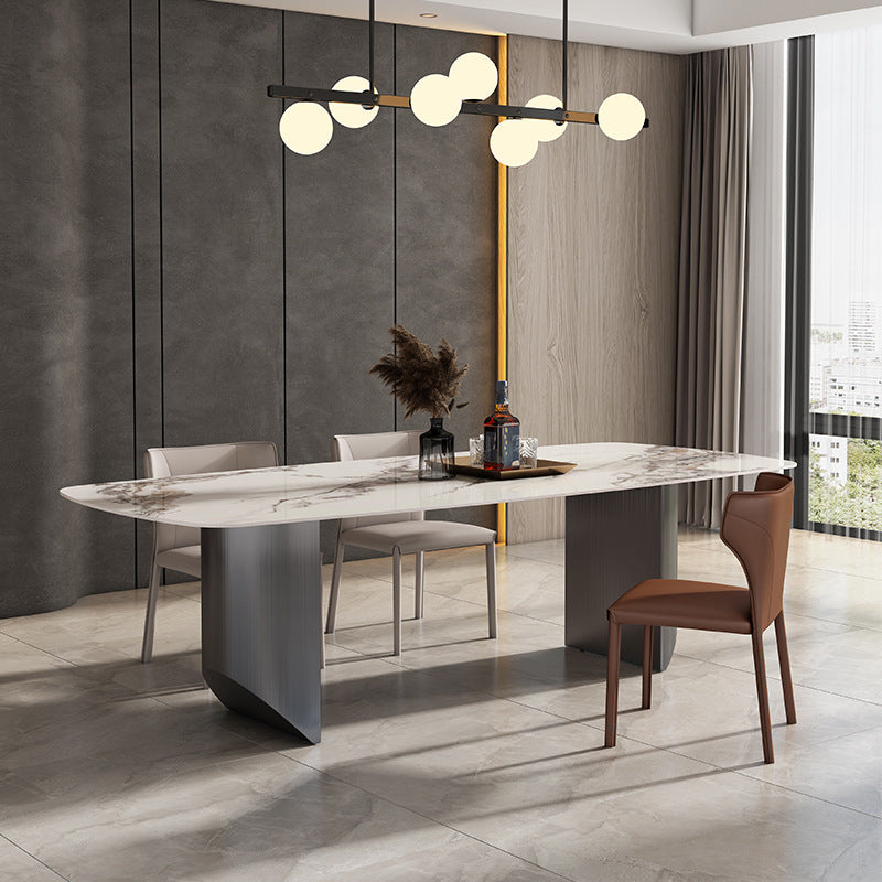 Metal Traditional Luxury Rectangle Table Sintered Stone Table with Double Pedestal Base