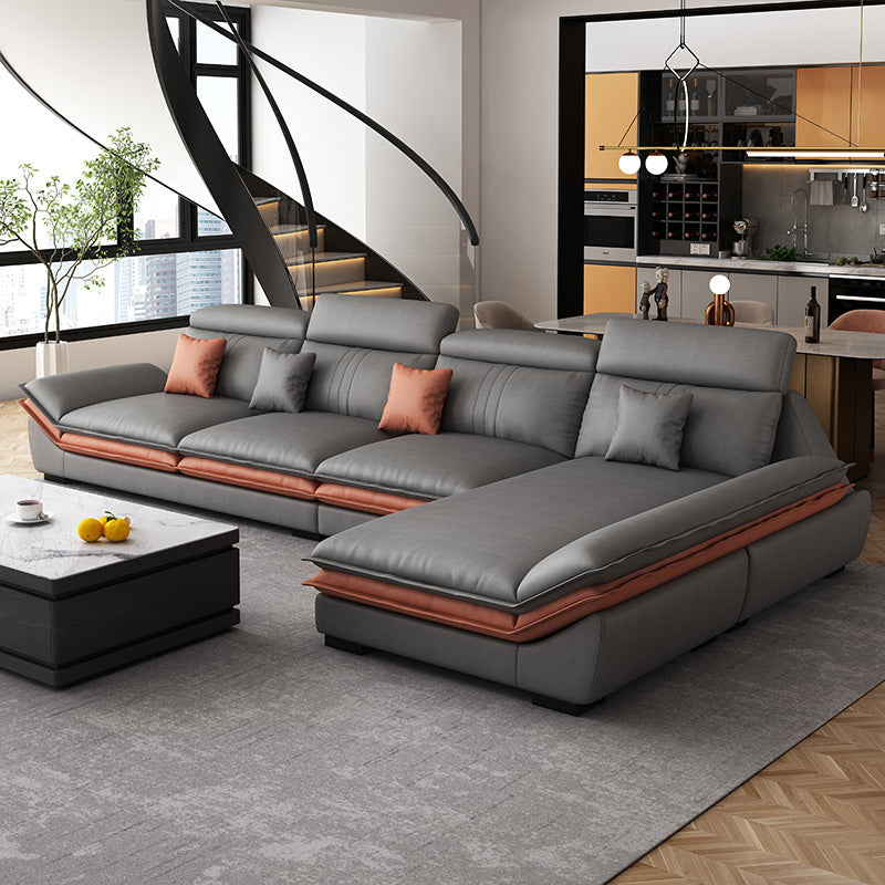 Contemporary Sewn Pillow Back Sofa & Chaise 37.4" H Pillow Top Sofa, Grey Faux Leather