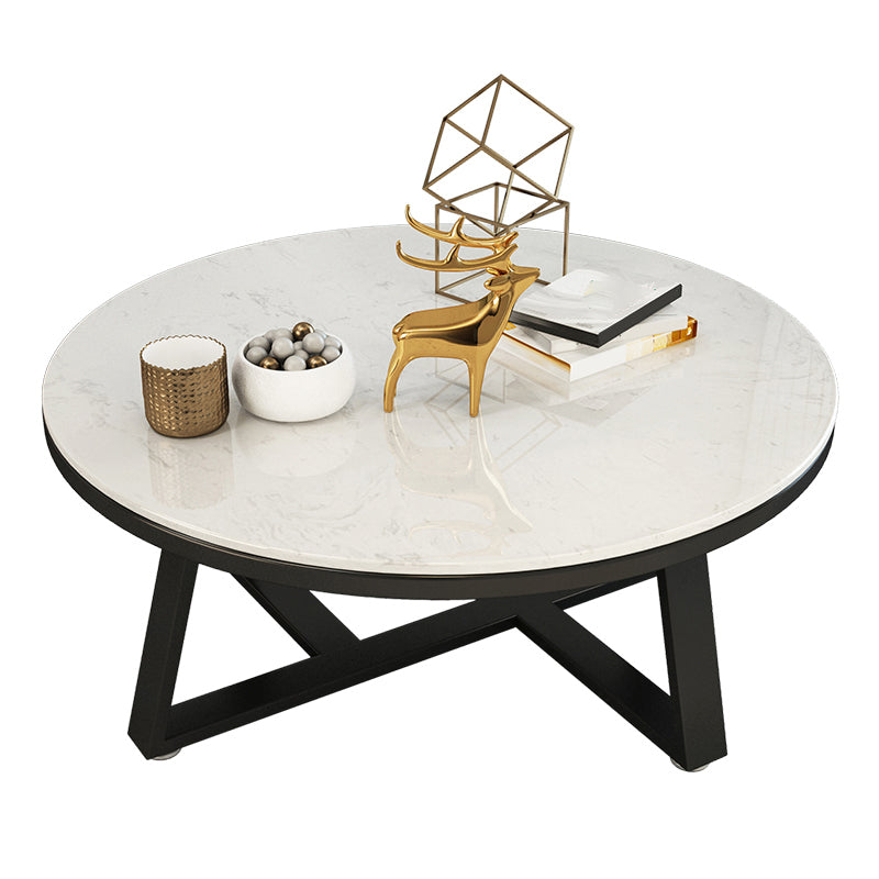 Glam Cross Legs Coffee Table Faux Marble Round Cocktail Table