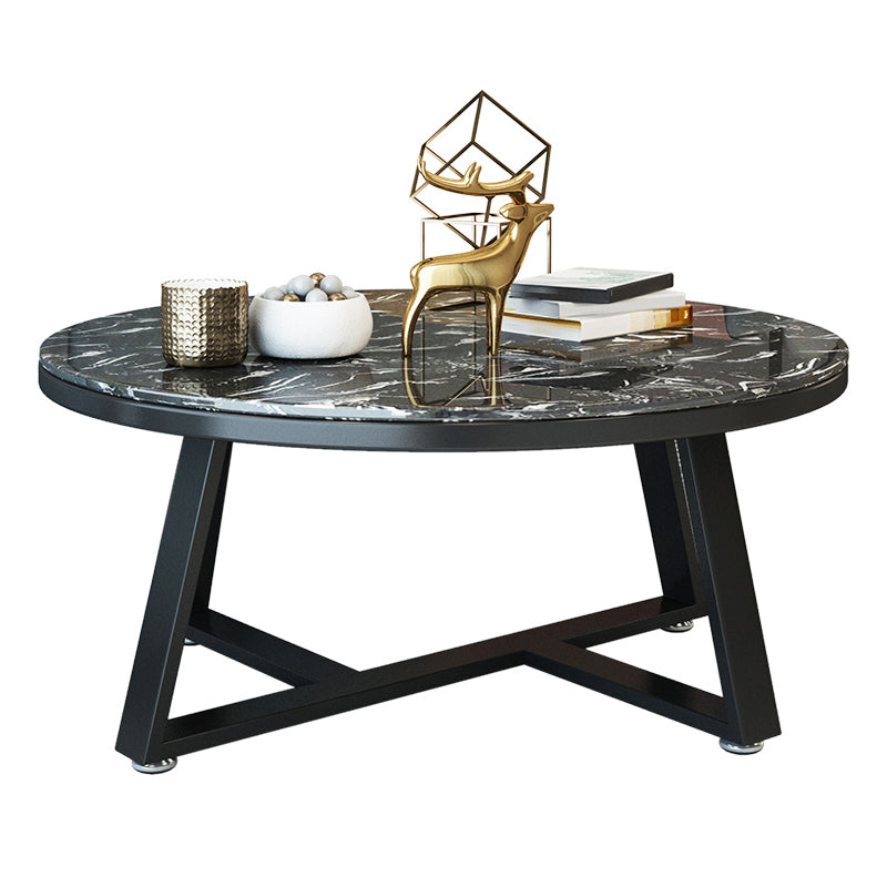 Glam Cross Legs Coffee Table Faux Marble Round Cocktail Table