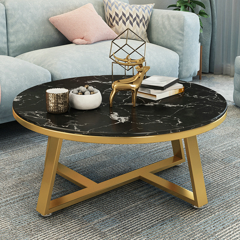 Glam Cross Legs Coffee Table Faux Marble Round Cocktail Table