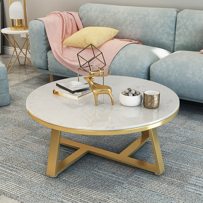 Glam Cross Legs Coffee Table Faux Marble Round Cocktail Table