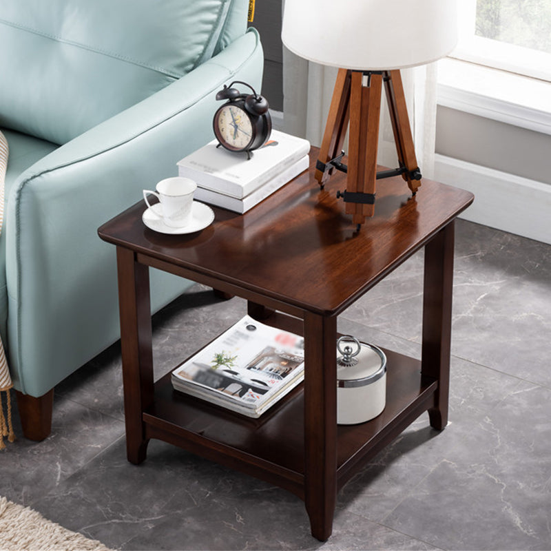 Country Double Tier Wood End Table 4 Legs Sofa Side Table with Shelf