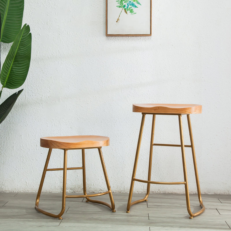 Modern Armless Backless Counter Stool Iron Kitchen Bar Stool with Pedal and Wooden Seat