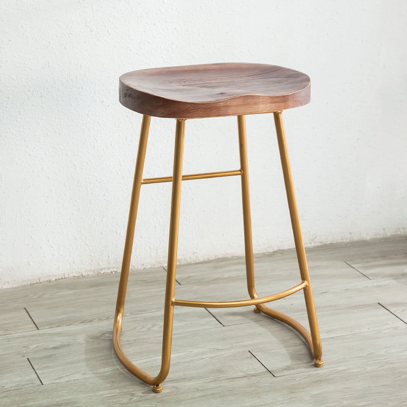 Modern Armless Backless Counter Stool Iron Kitchen Bar Stool with Pedal and Wooden Seat
