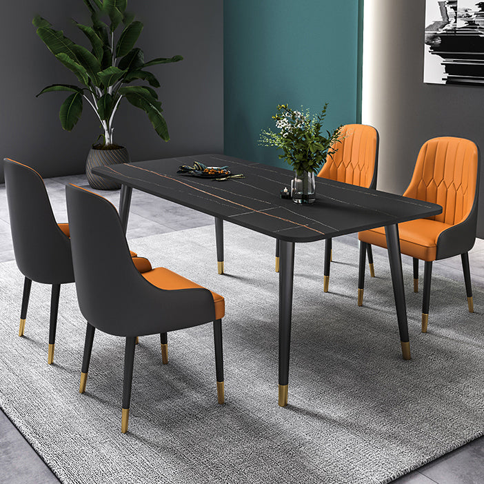 Black Rectangle Dining Table Set 1/2/5/7 Pieces Stone and Metal Dinette Set