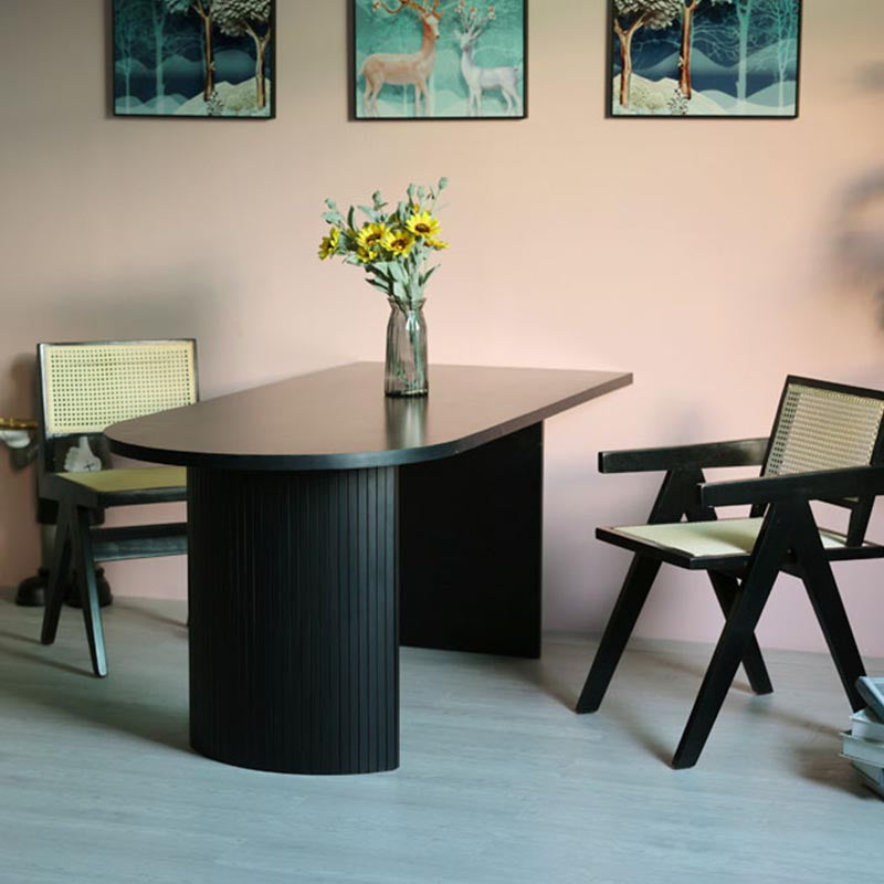 Simplicity Double Pedestal Dining Table Free Form Black Fixed Table with Wooden Top